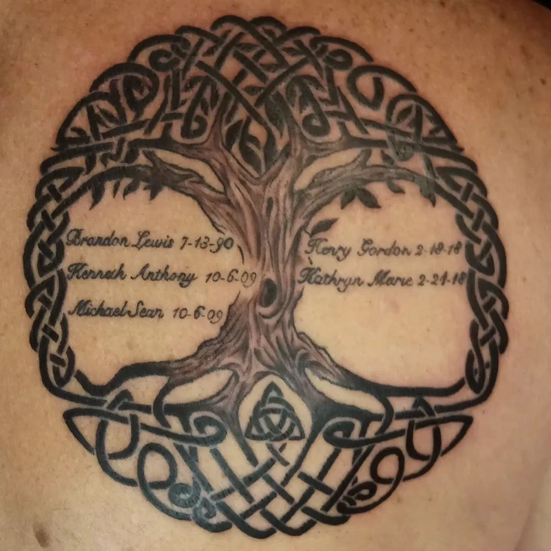 Celtic tree life tattoo done by Brian Haggerty at Overlord Tattoo Studio, Palm Coast, Flagler Beach FL. 