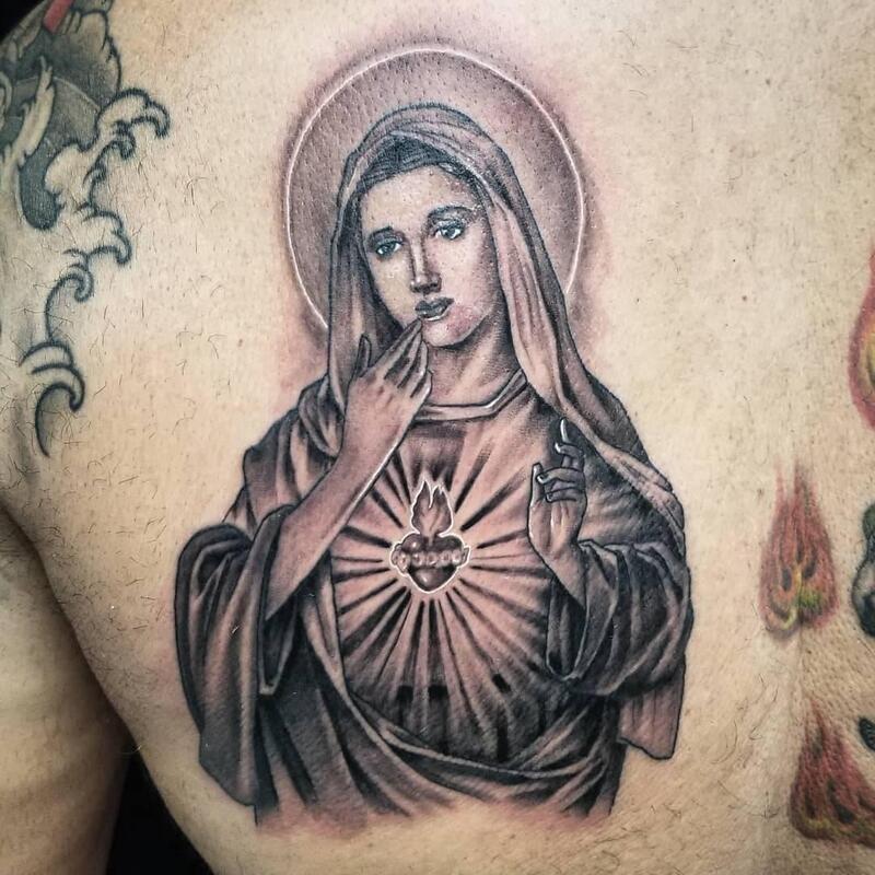 Virgin Mary,tattoo,Sacred Heart,Black and grey tattoo,Overlord tattoo shop Palm Coast FL